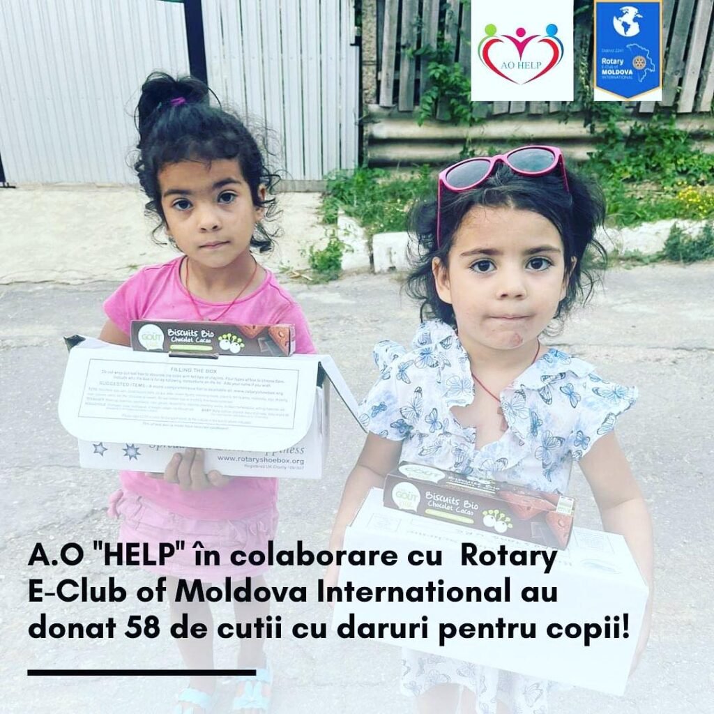 A.O ''HELP'' în colaborare cu Rotary E-Club of Moldova International au donat 58 de cutii cu daruri pentru copii! 